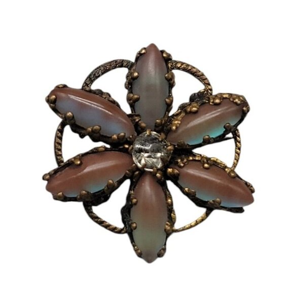 Victorian Saphiret Paste Flower Brooch Rare Czech Glass Antique Gold Tone - Picture 3 of 7